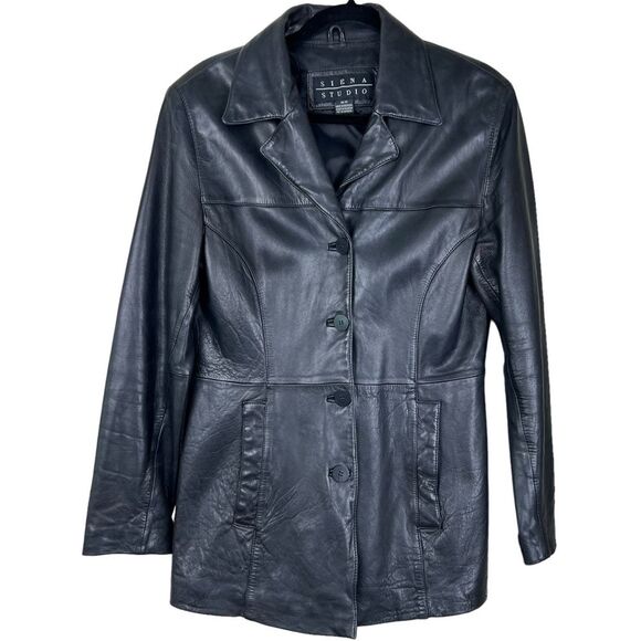 Vintage Jackets & Blazers - Vintage 90s Leather Button Up Jacket Sz M Mid Length Black Y2K Mid Length